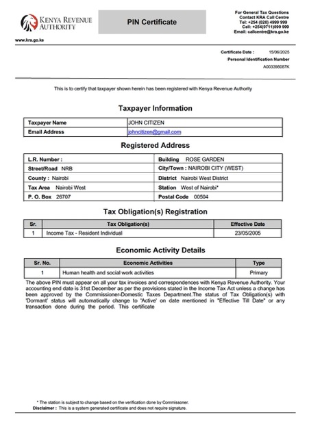 Kenya taxpayer certificate Word and PDF template